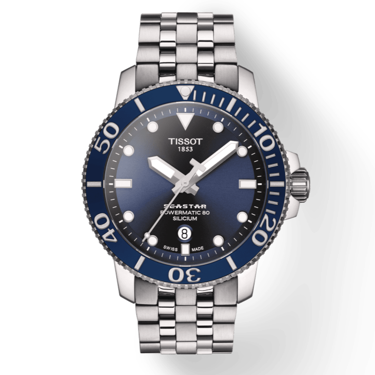 Buy Shop Tissot T Sport Seastar 1000 Powermatic Silicium Blue Dial Silver Steel Strap Watch For Men - T120.407.11.041.01 USA Online