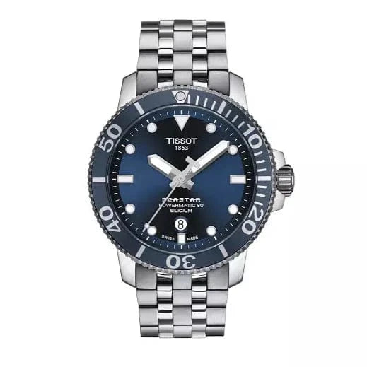 Buy Shop Tissot T Sport Seastar 1000 Powermatic Silicium Blue Dial Silver Steel Strap Watch For Men - T120.407.11.041.01 USA Online
