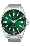 Citizen Eco Drive Vintage Green Dial Silver Steel Strap Watch For Men - AW1598-70X