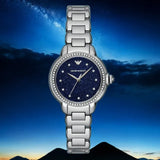 Emporio Armani Mia Three Hand Crystals Blue Dial Silver Steel Strap Watch For Women - AR11630