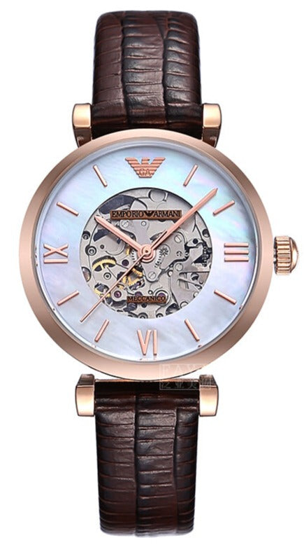 Buy Shop Emporio Armani Meccanico Skeleton Mother of Pearl Dial Brown Leather Strap Watch For Women - AR1993 USA Online