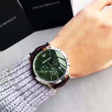 Emporio Armani Renato Chronograph Green Dial Brown Leather Strap Watch For Men - AR2493