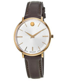 Movado Ultra Slim Silver Dial Brown Leather Strap Watch For Women - 0607093