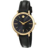 Movado Ultra Slim Black Dial Black Leather Strap Watch For Women -  0607095