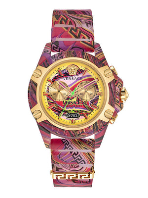 Buy Shop Versace Icon Active Chronograph Quartz Gold Dial Red Leather Strap Watch For Men - VEZ701222 USA Online