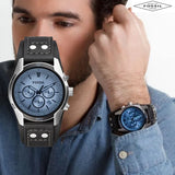 Fossil Coachman Chronograph Blue Dial Black Leather Strap Watch for Men - CH2564