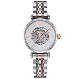 Buy Shop Emporio Armani Gianni T Bar Silver Skeleton Dial Two Tone Strap Watch For Women - AR1992 USA Online