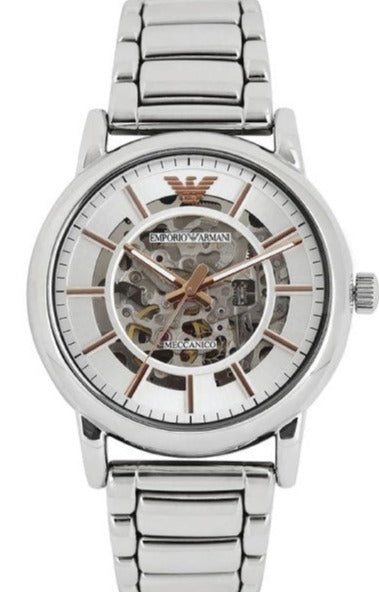 Buy Shop Emporio Armani Meccanico Skeleton Silver Dial Silver Steel Strap Watch For Men - AR1980 USA Online