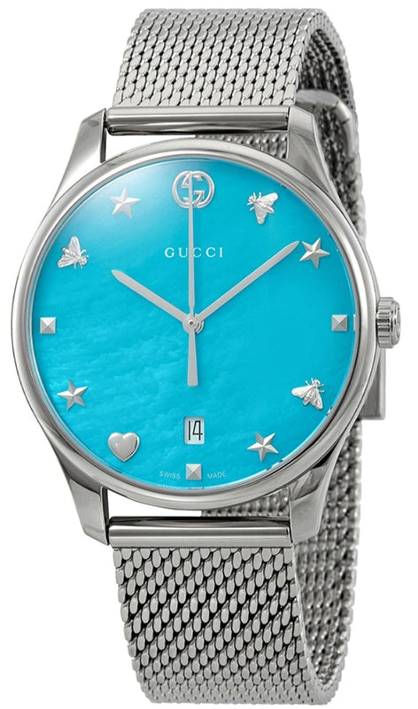 Buy Shop Gucci G-Timeless Turquoise Mother of Pearl Dial Silver Mesh Bracelet Watch For Women - YA126582 USA Online
