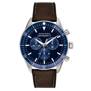Buy Shop Movado Heritage 29mm Chronograph Blue Dial Brown Leather Strap Watch For Men - 3650061 USA Online