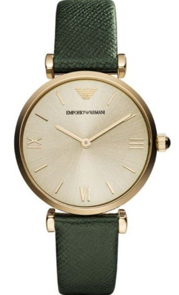 Buy Shop Emporio Armani Retro Champagne Beige Dial Green Leather Strap Watch For Women - AR1726 USA Online