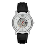 Buy Shop Emporio Armani Meccanico Silver Skeleton Dial Black Leather Watch For Men - AR1997 USA Online