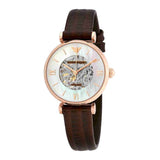 Buy Shop Emporio Armani Meccanico Skeleton Mother of Pearl Dial Brown Leather Strap Watch For Women - AR1993 USA Online
