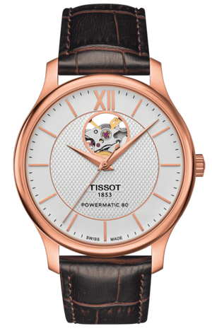 Buy Shop Tissot Tradition Powermatic 80 Open Heart Silver Dial Brown Leather Strap Watch For Men - T063.907.36.038.00 USA Online
