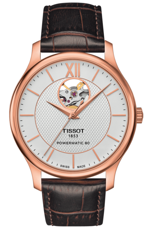 Buy Shop Tissot Tradition Powermatic 80 Open Heart Silver Dial Brown Leather Strap Watch For Men - T063.907.36.038.00 USA Online