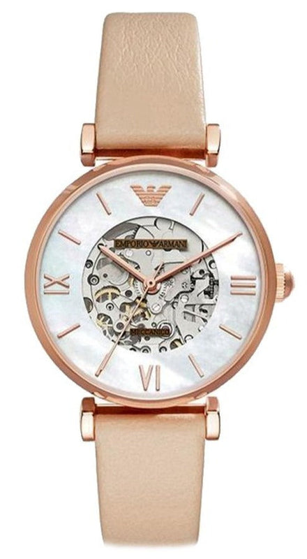 Buy Shop Emporio Armani Meccanico Silver Skeleton Dial Beige Leather Strap Watch For Women - AR60001 USA Online