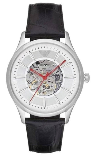 Buy Shop Emporio Armani Meccanico Silver Skeleton Dial Black Leather Strap Watch For Men - AR2072 USA Online