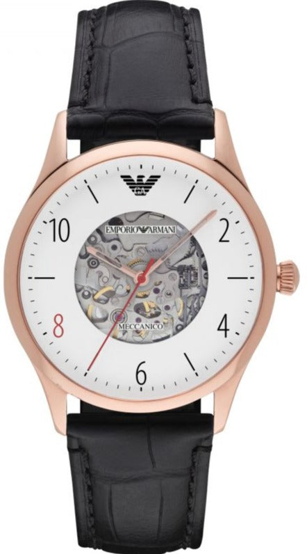 Buy Shop Emporio Armani Meccanico White Skeleton Dial Black Leather Strap Watch For Men - AR1924 USA Online
