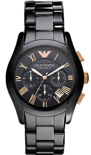 Emporio Armani Valente Ceramica Chronograph Black Dial Black Steel Strap Watch For Men - AR1410