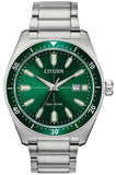 Citizen Eco Drive Vintage Green Dial Silver Steel Strap Watch For Men - AW1598-70X