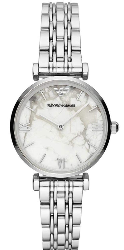 Buy Shop Emporio Armani Gianni T Bar White Marble Dial Silver Steel Strap Watch For Women - AR11170 USA Online
