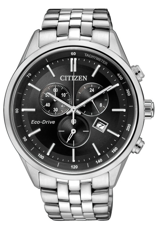Buy Shop Citizen Eco Drive Chronograph Black Dial Silver Steel Strap Watch For Men - AT2140-55E USA Online
