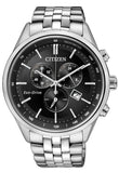 Citizen Eco Drive Chronograph Black Dial Silver Steel Strap Watch For Men - AT2140-55E