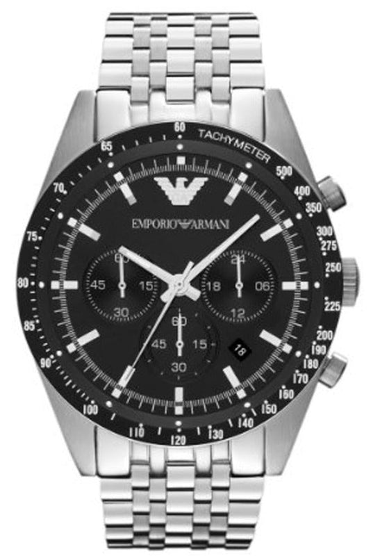 Buy Shop Emporio Armani Tazio Chronograph Black Dial Silver Steel Strap Watch For Men - AR5988 USA Online