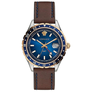 Buy Shop Versace Hellenyium GMT Blue Dial Brown Leather Strap Watch for Men - V11080017 USA Online