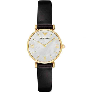 Buy Shop Emporio Armani Gianni T-Bar Quartz Mother of Pearl Dial Black Leather Strap Watch For Women - AR1910 USA Online