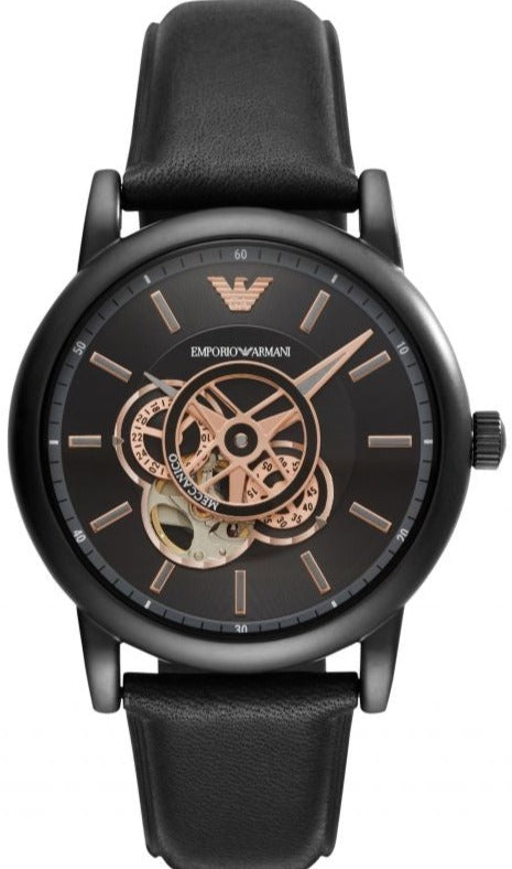 Buy Shop Emporio Armani Luigi Automatic Skeleton Black Dial Black Leather Strap Watch For Men - AR60012 USA Online