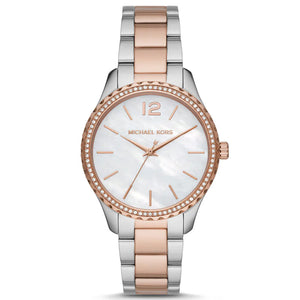 Buy Shop Michael Kors Layton Three Hand Mother of Pearl White Dial Two Tone Steel Strap Watch For Women - MK6849 USA Online