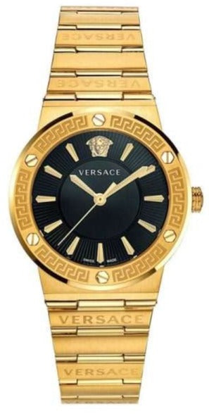 Buy Shop Versace Greca Black Dial Gold Steel Strap Watch for Women - VEVH00820 USA Online