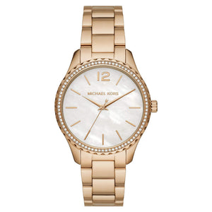 Buy Shop Michael Kors Layton Three Hand Mother of Pearl White Dial Gold Steel Strap Watch For Women - MK6870 USA Online