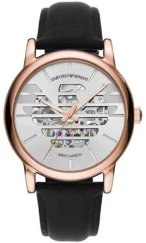 Buy Shop Emporio Armani Meccanico Skeleton Silver Dial Black Leather Strap Watch For Men - AR60031 USA Online