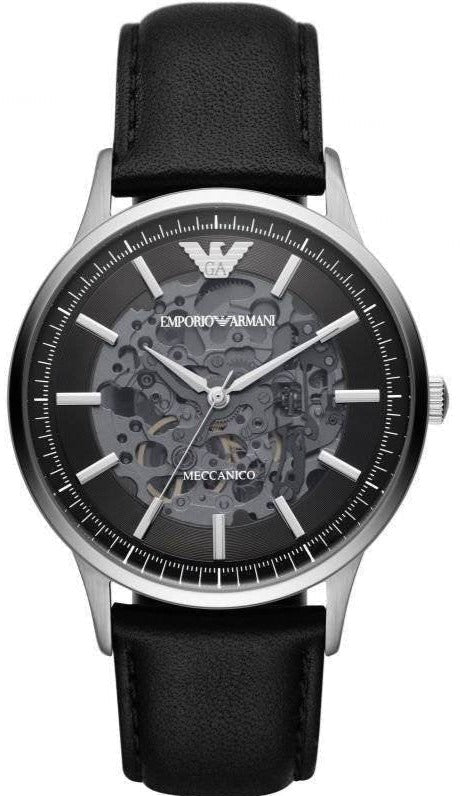 Buy Shop Emporio Armani Meccanico Skeleton Automatic Black Dial Black Leather Strap Watch for Men - AR60038 USA Online