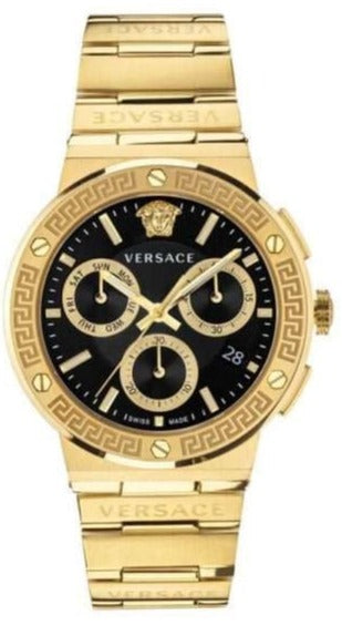 Buy Shop Versace Greca Chronograph Black Dial Gold Steel Strap Watch For Men - VEZ900421 USA Online