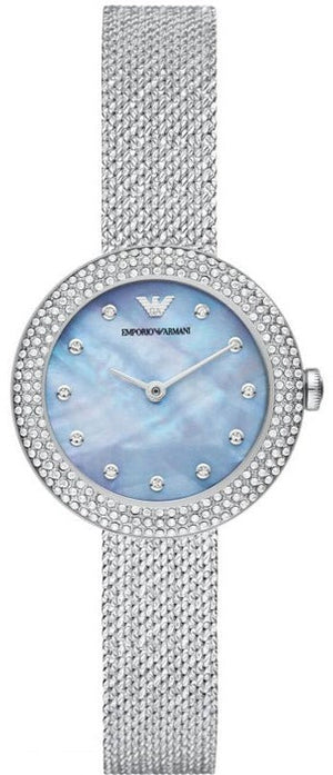 Emporio Armani Rosa Diamonds Mother of Pearl Blue Dial Silver Mesh Bracelet Watch For Women - AR11380