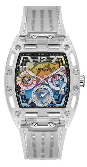 Buy Shop Guess Phoenix Polycarbonate Clear Multi-function Black Dial Clear Rubber Strap Watch for Men - GW0499G3 USA Online