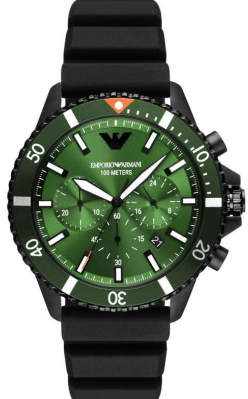 Buy Shop Emporio Armani Diver Chronograph Quartz Green Dial Black Silicon Strap Watch For Men - AR11463 USA Online