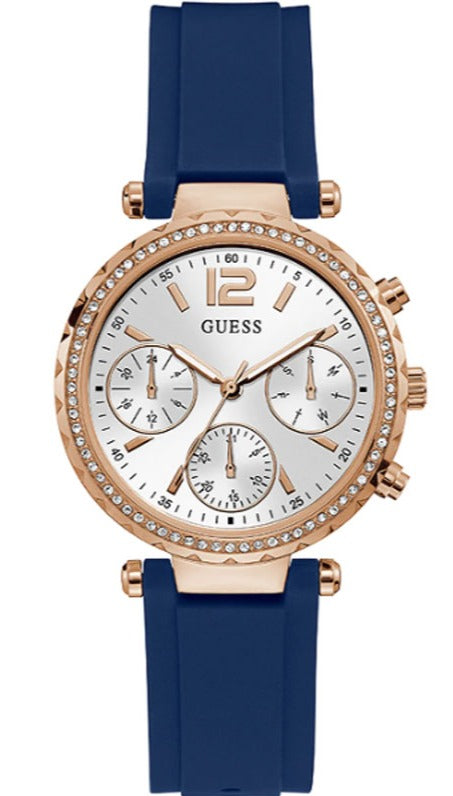 Buy Shop Guess Solstice Diamonds Silver Dial Blue Rubber Strap Watch for Women - GW0113L3 USA Online