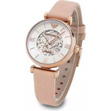 Buy Shop Emporio Armani Meccanico Silver Skeleton Dial Beige Leather Strap Watch For Women - AR60001 USA Online