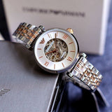 Buy Shop Emporio Armani Gianni T Bar Silver Skeleton Dial Two Tone Strap Watch For Women - AR1992 USA Online
