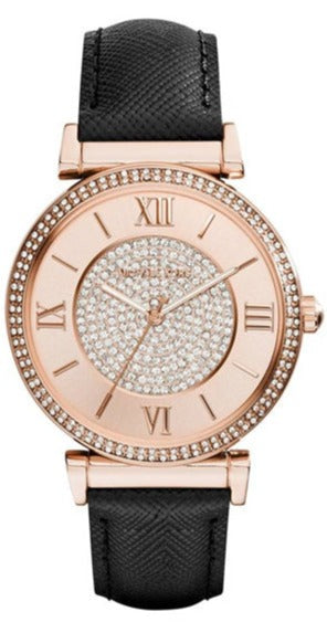Buy Shop Michael Kors Catlin Rose Gold Crystal Dial Black Leather Strap Watch for Women - MK2376 USA Online