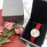 Emporio Armani Kappa Classic Quartz Silver Dial Red Leather Strap Watch For Women - AR11114