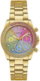 Guess Confetti Chronograph Rainbow Dial Gold Steel Strap Watch For Women - GW0483L4