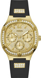 Guess Duchess Crystals Gold Dial Black Silicon Strap Watch For Women - GW0619L2