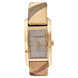 Burberry Pioneer Gold Dial Haymarket Beige Leather Strap Watch for Women - BU9509