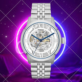 Buy Shop Fossil Townsman Automatic Skeleton Silver Dial Silver Steel Strap Watch for Men - ME3044 USA Online