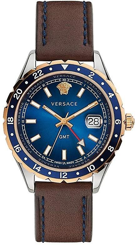 Buy Shop Versace Hellenyium GMT Blue Dial Brown Leather Strap Watch for Men - V11080017 USA Online